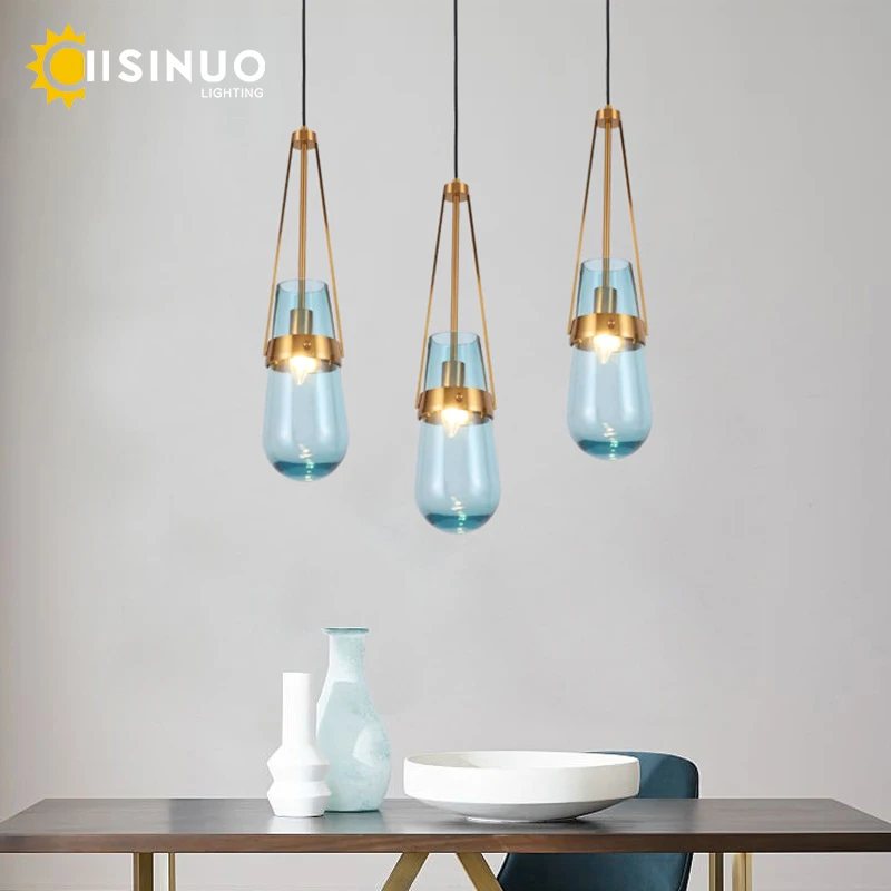 

Water Droplets Hanging Pendant Light Luxury Blue Glass Chandelier E14 Adjustable Droplight for Restaurant Dinning Room Home Deco