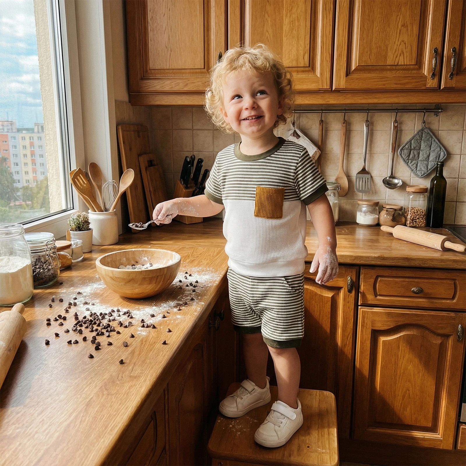 

Toddler Kids Baby Boys Summer Clothing Outfits Striped Pattern Short Sleeve Pocket T Shirts Elastic Waist Shorts Tracksuits