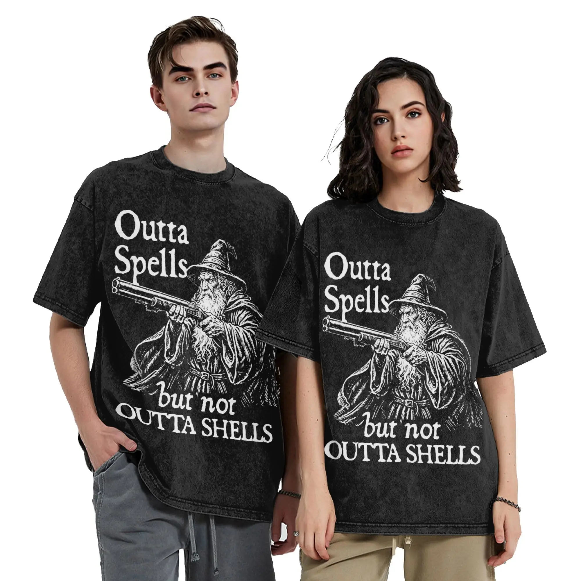 Outta Spells But Not Outta Shells Wizard Meme T Shirts Hip Hop Washed Cotton T-Shirt for Men Women Streetwear Graphic Tee Shirt