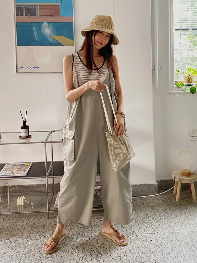 

Новые летние женские тонкие брюки-комбинезоны с широкими штанинами, без бретелек, из хлопка, с завышенной талией, в корейском стиле, с деталями в виде карманов