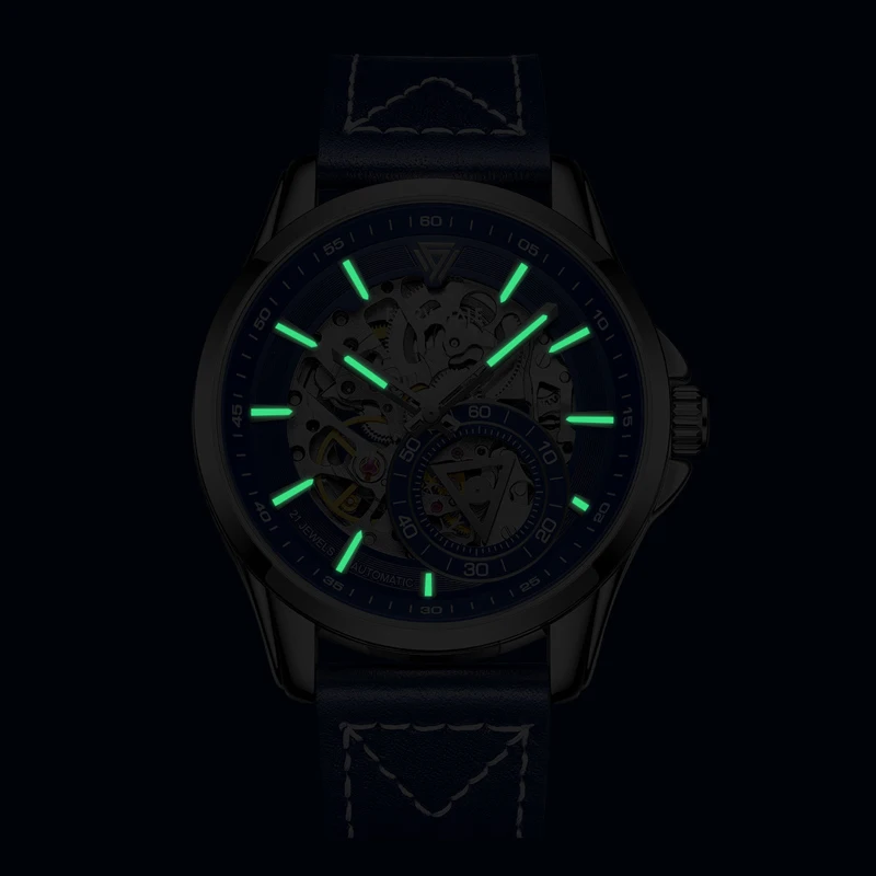 ساعة مارك فيرويل ميكانيكية هيكل عظمي للرجال بحزام جلدي أنيق مقاوم للماء توربيون أوتوماتيكي مضيء