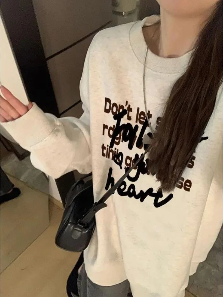 Women Hoodies Plus Velvet Autumn Letter Printed Loose Casual Sweatshirts All-match Chic Design Vintage High Street Daily O-neck