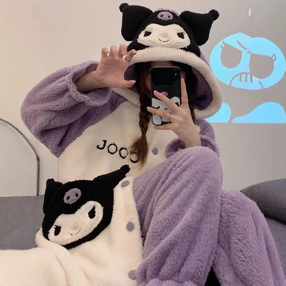 

Cute Coral Fleece Pajamas Women Girl Thickened Kuromi Robe Sleepwear Winter Home Clothes Soft Comfort Plush Onesie Sleepwear