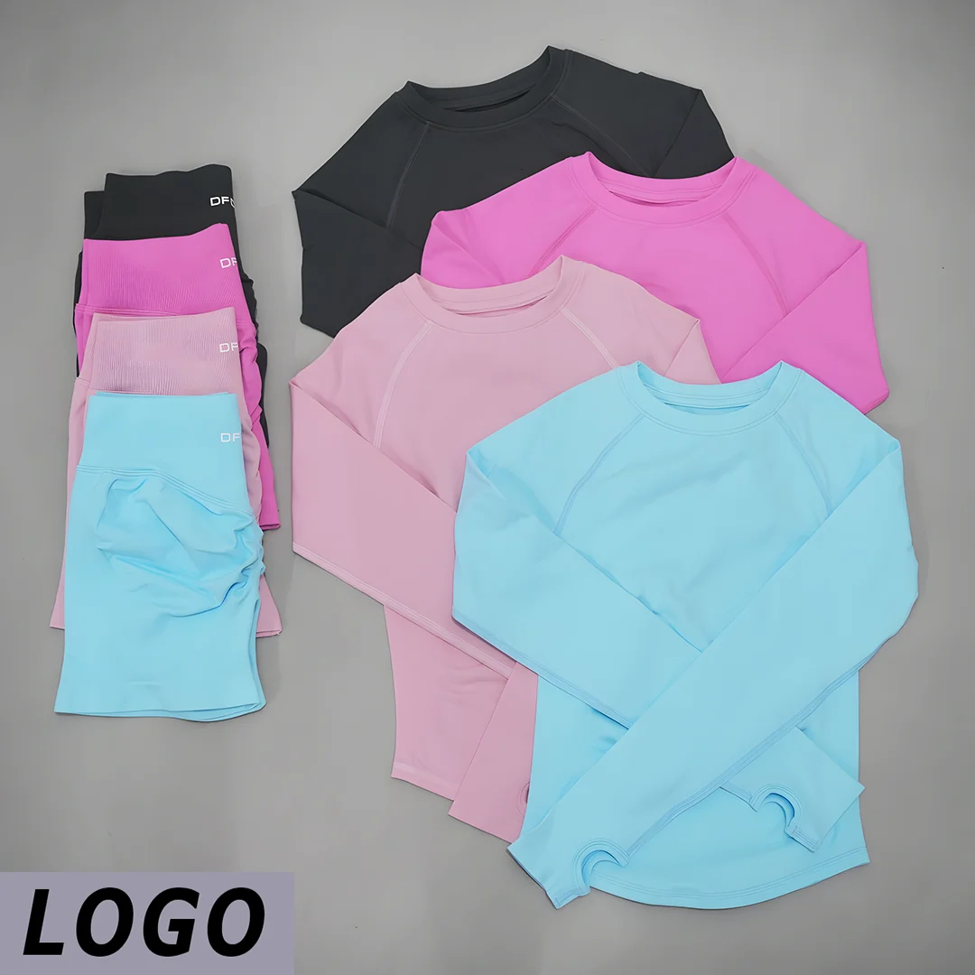 LOGO DF Women 2‑Piece Ribbed Seamless Knit Yoga Workout Set Long Sleeve Cropped Top Tummy Control Elastic Shorts Gym Running