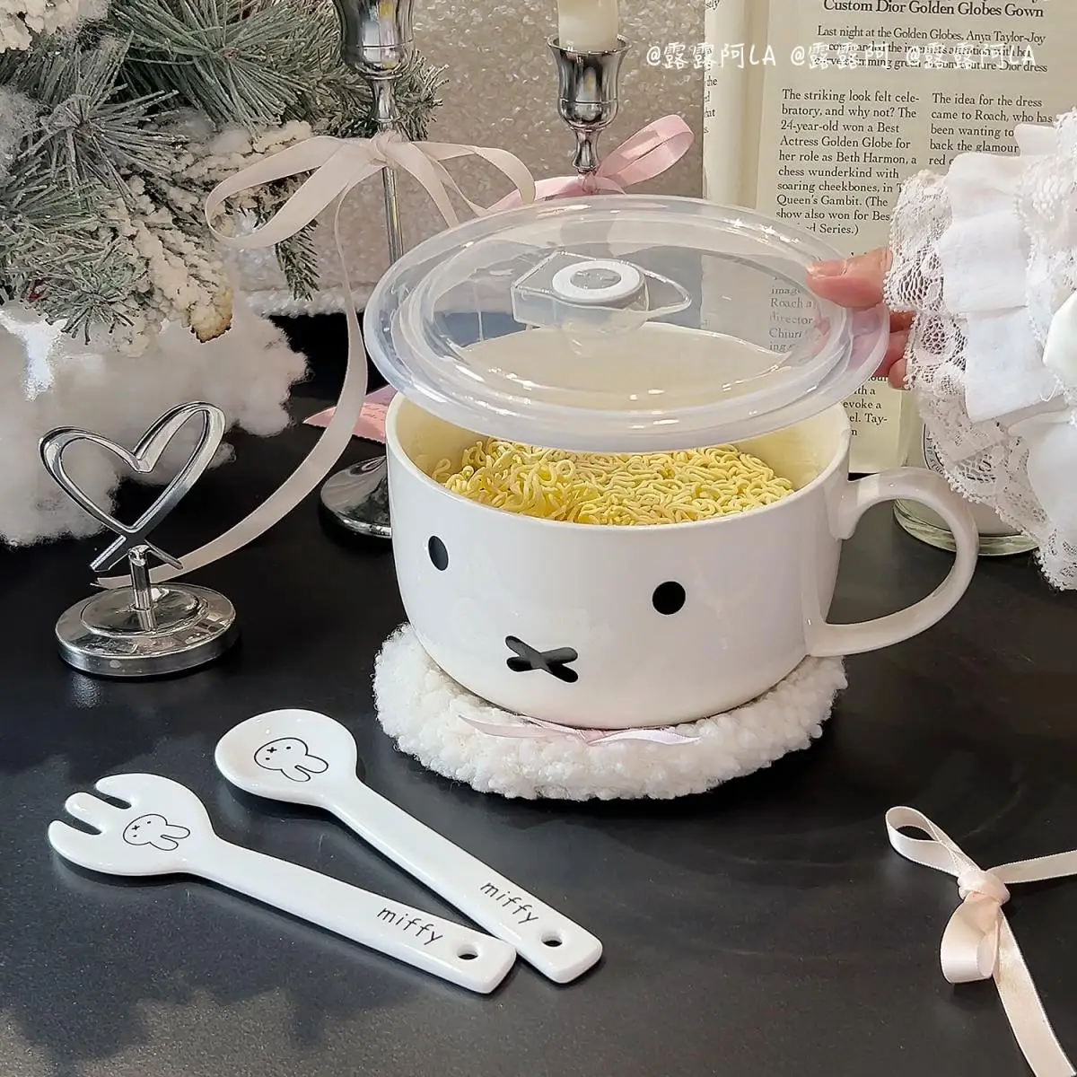 Nijntje Konijn Cartoon Instant Noedels Kom Grote Capaciteit Enkele Oor Cover Kom Gemakkelijk schoon te maken Keramische Rijstkom Verjaardagscadeau