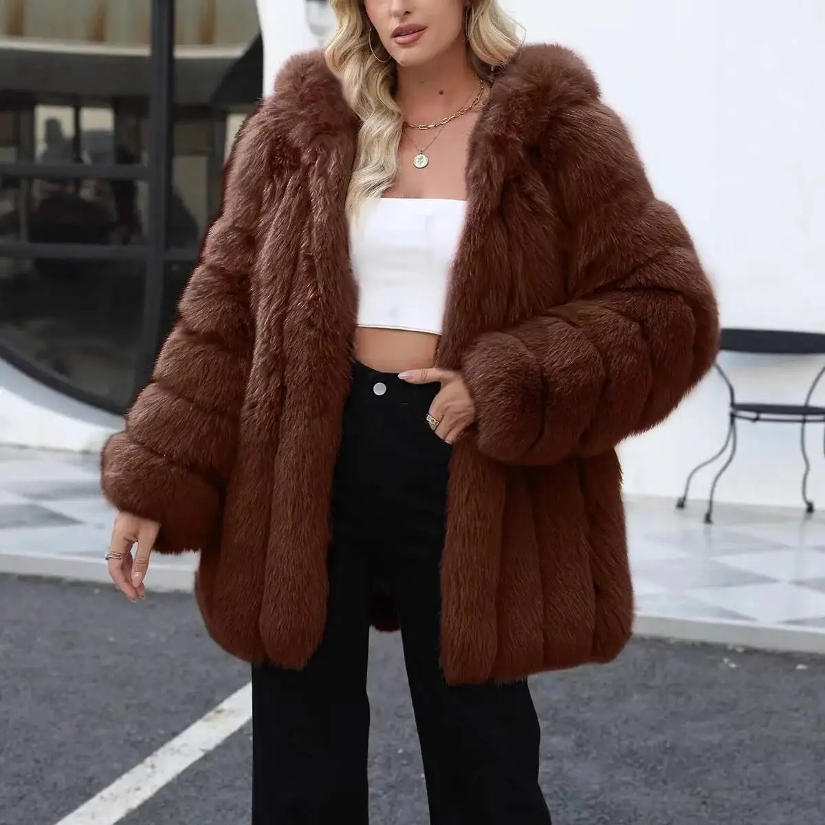 Faux Vos Jas Vrouwen Effen Jas Lange Mouw Kraagvorm Open Stitch Dikke Warme Bont Losse Casual 2026 Herfst Winter