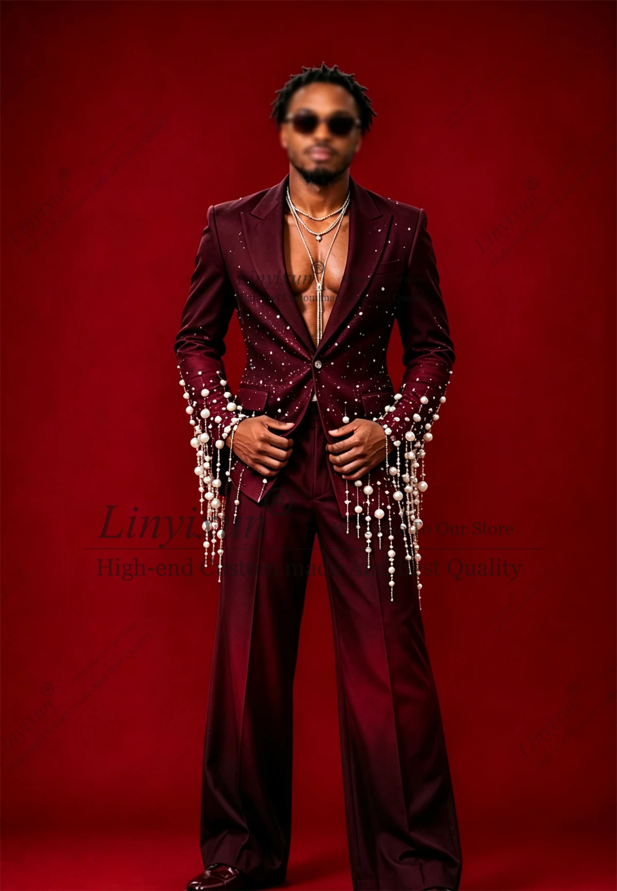 Fashion Tassel Pearl Design Beaded Stones Suits Men Single Breasted Prom Blazers Customized Man Groom Terno Masculinos Completo