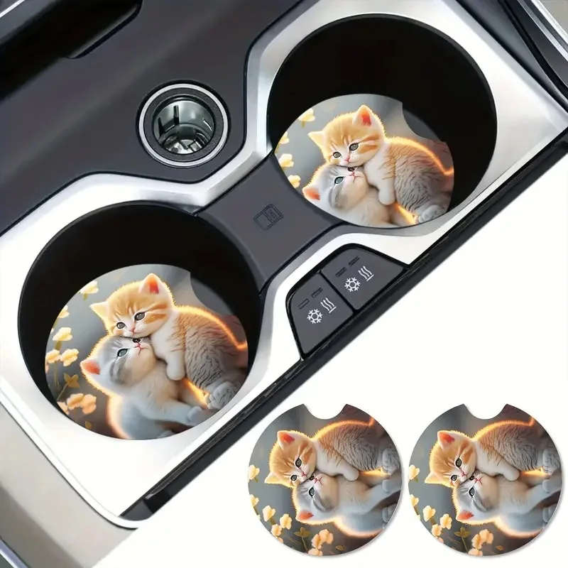 2PCS Cartoon Cute Cat Water Coasters Waterproof Non-Slip Sift-Proof Spill Coaster Notch Storage Mat Car Interior Accessories