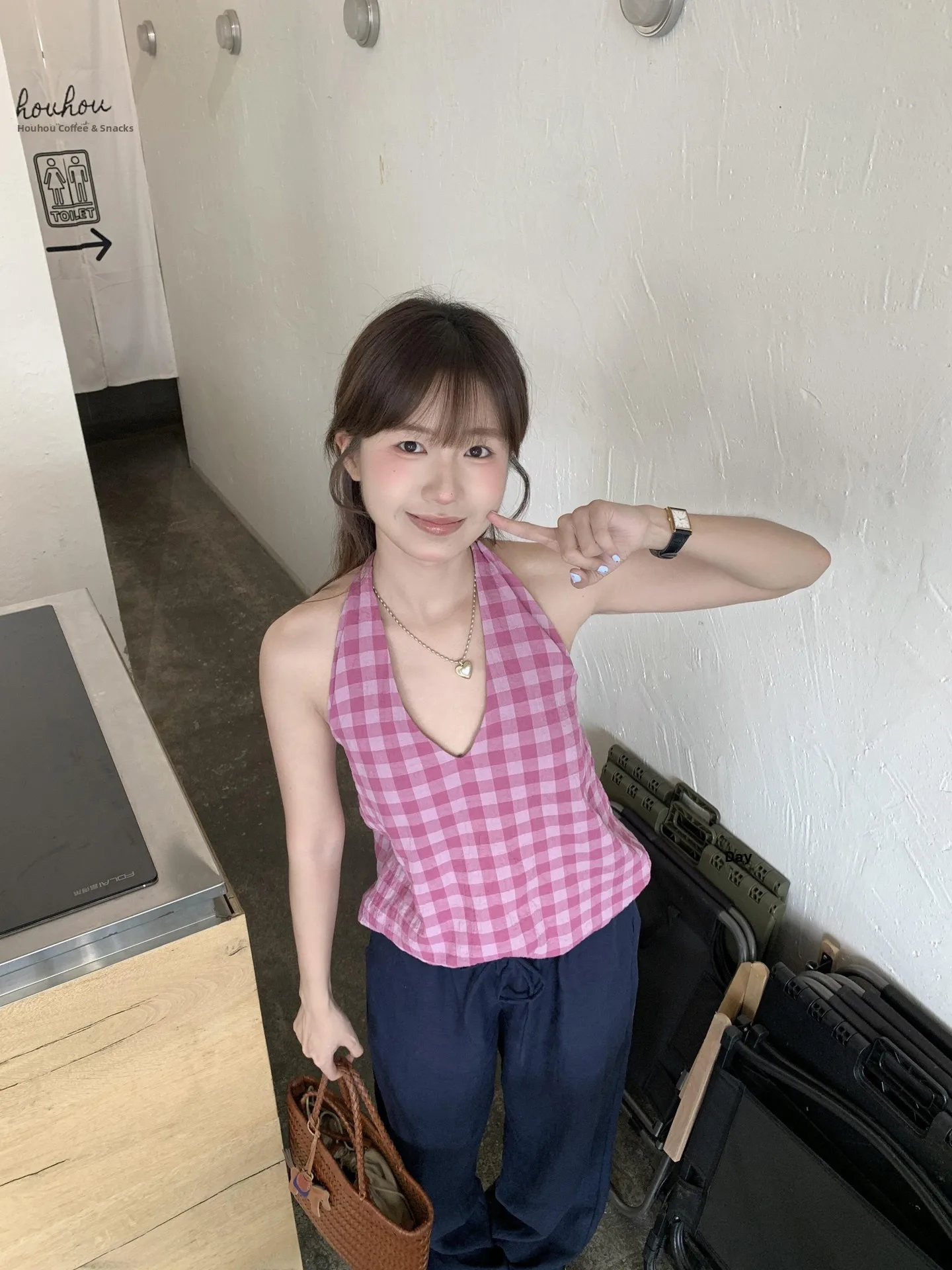 

Kumikumi Sweet Spicy Girl Pink Plaid Hanging Neck Vest Women's Summer Slimming Sleeveless Outerwear Top V-neck Long Line