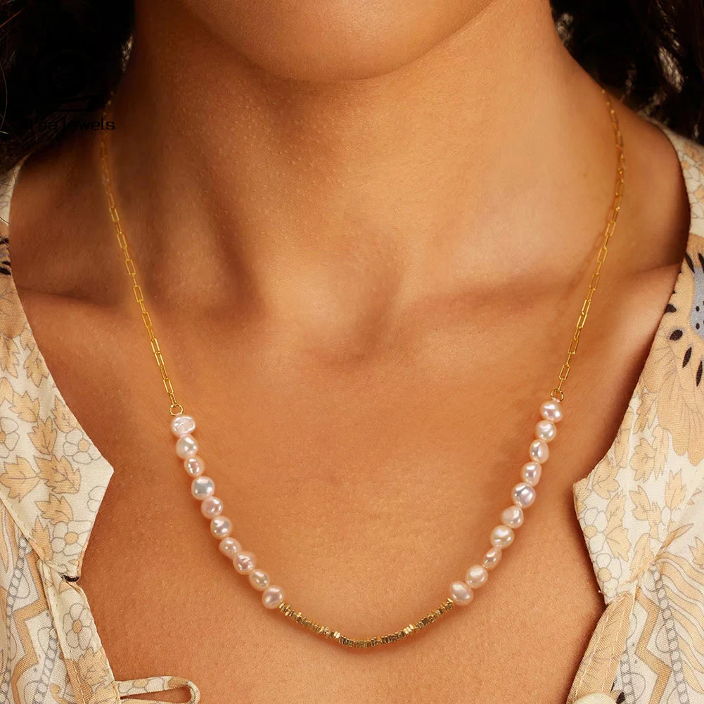 ORSA JEWELS 14K Gold Nugget Chain Necklace 925 Sterling Silver Cultured Freshwater Pearl Necklace Vintage Jewelry for Women GPN6