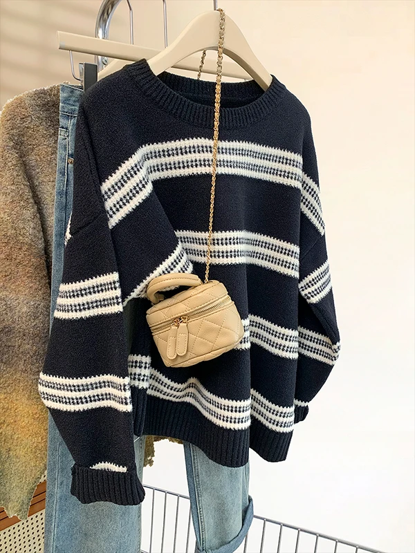 

Свободный крой круглый трикотаж Ne женский осенне-зимний новый корейский свитер в полоску Lazy Faion базовый слой топ Bla White