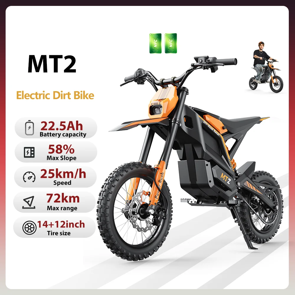 MT2 Elektro-Dirtbike mit 22,5 Ah herausnehmbarem Akku, Hochleistungsmotor, Elektromotorrad 14F12R, Offroad-E-Motorrad für Erwachsene, NFC-Entriegelung, LCD-Display, doppelte hydraulische Federung,