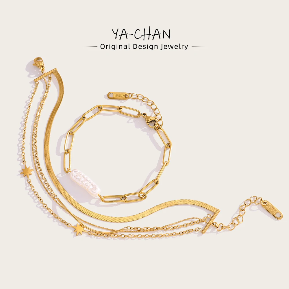 YACHAN Pulsera de acero inoxidable en capas para mujer Perla barroca irregular Chapada en oro de 18 quilates Joyería impermeable de moda