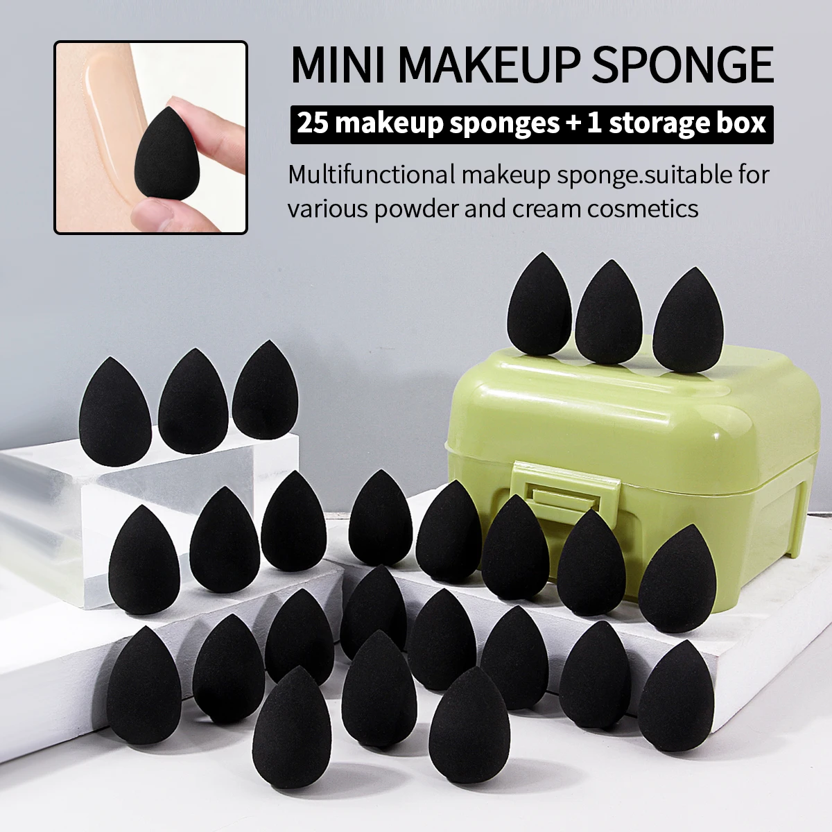 25Pcs Mini Makeup Sponges Set With Storage Box,Sponges For Precision Concealer, Under Eyes, Nose & Detail Makeup, Wet & Dry Use