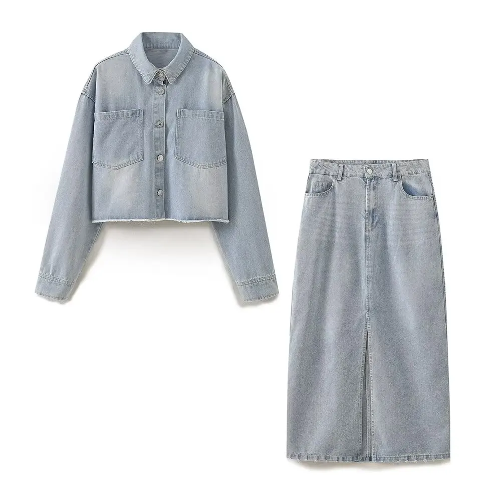 PB&ZA Women 2024 Autumn New Fashion Short Denim Jacket Coat Midi Skirt Vintage Button Casual Chic Female Set Woman 2 Pieces