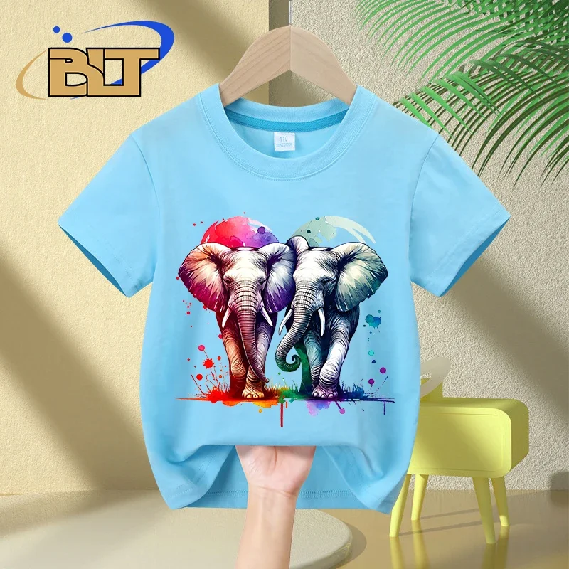 Camiseta infantil de manga curta, estampa aquarela, elefantes entrelaçados, tops casuais para meninos e meninas, verão