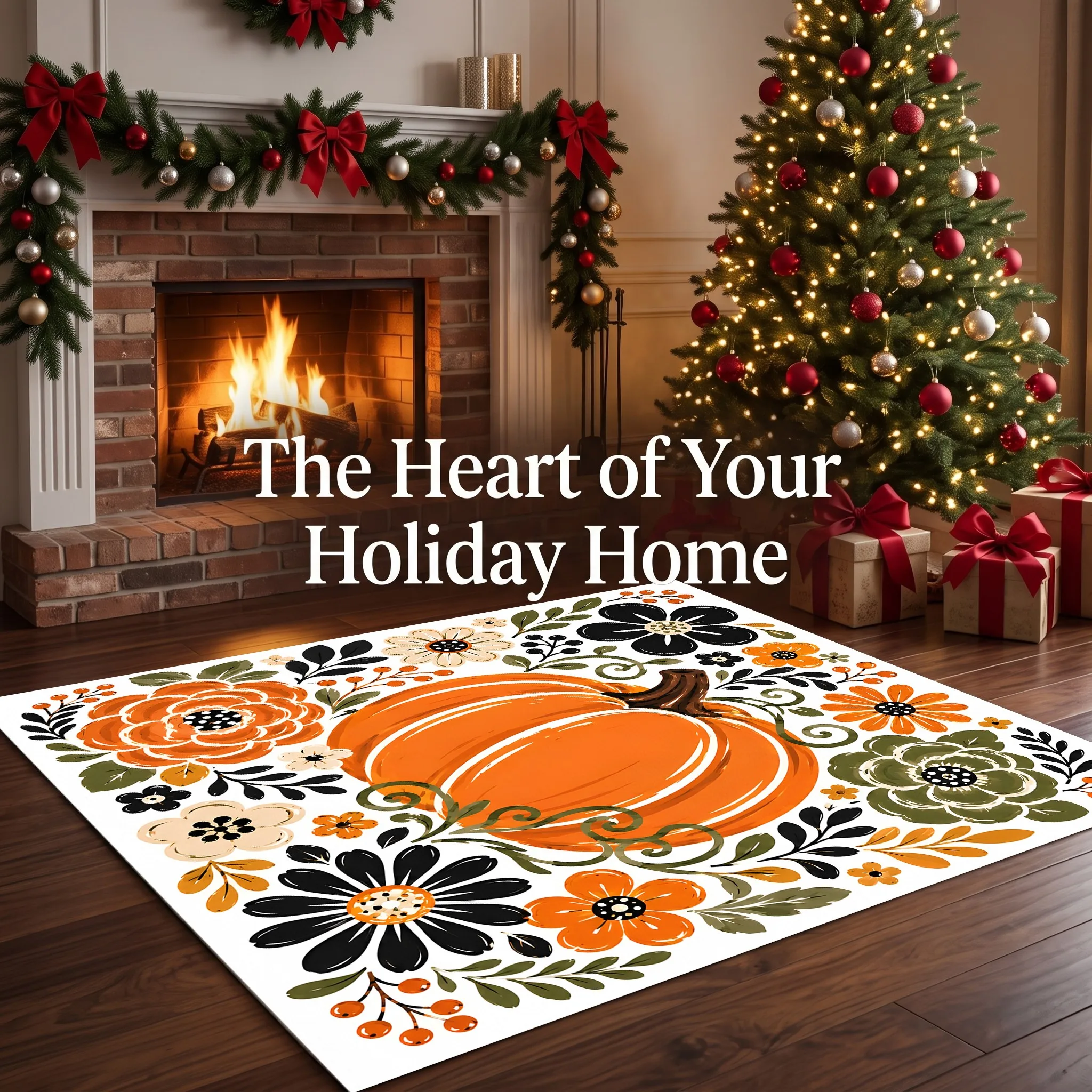 Hand-Painted Warm Orange Pumpkin Flowers Retro Pastoral Thanksgiving Velvet Rug for Entryway, Living Room and Bedroom, Healing