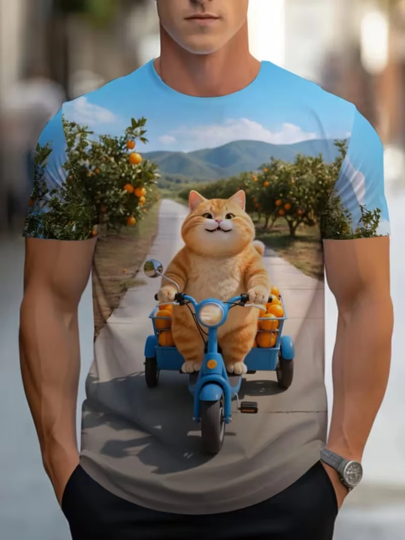 Funny Men's T-Shirt 3D Humorous Cow Cat Pig Graphic Printing Casual Stylish Summer Round Neck High Quality Y2K Men's Clothing