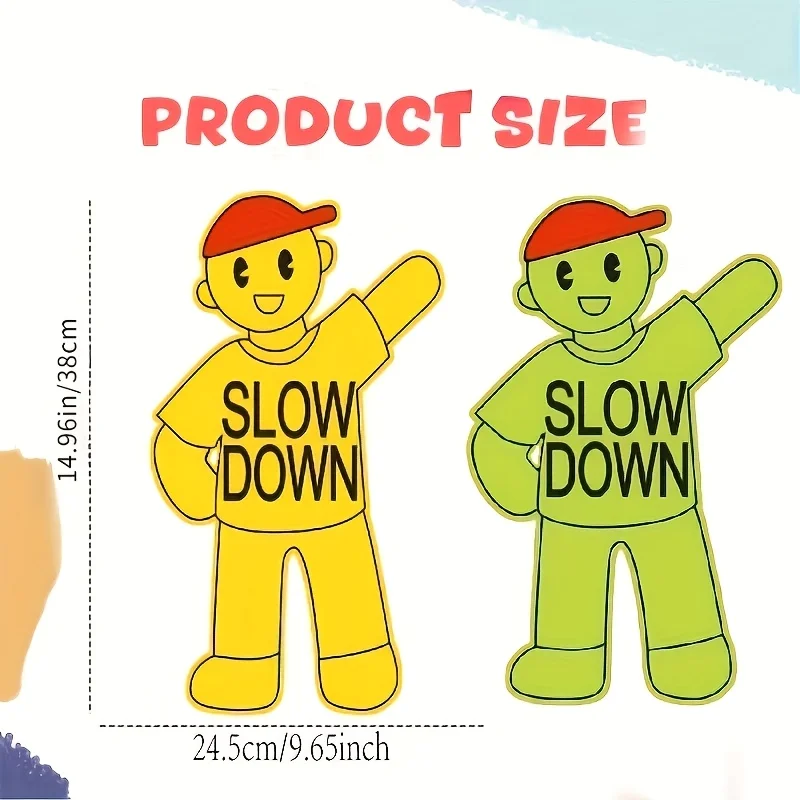 4pcs Large Yellow And Green Children Playing Caution Signs - High-Visibility Slow Down Safety Signs with Cartoon Kids D