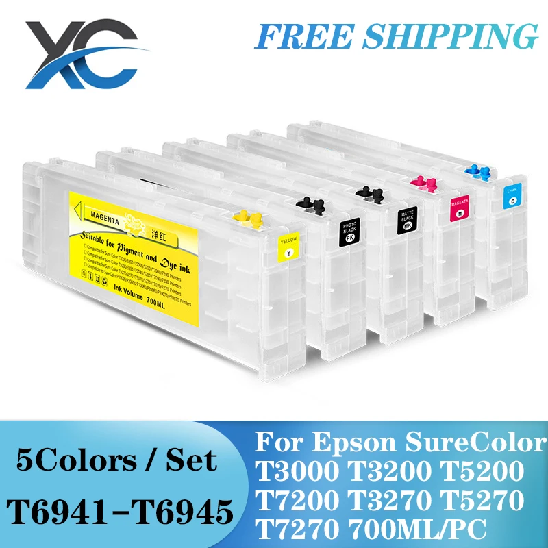 5Colors/Set T6941-T6945 T6941 Refillable Ink Cartridge For Epson SureColor T3000 T3200 T5200 T7200 T3270 T5270 T7270 700ML/PC