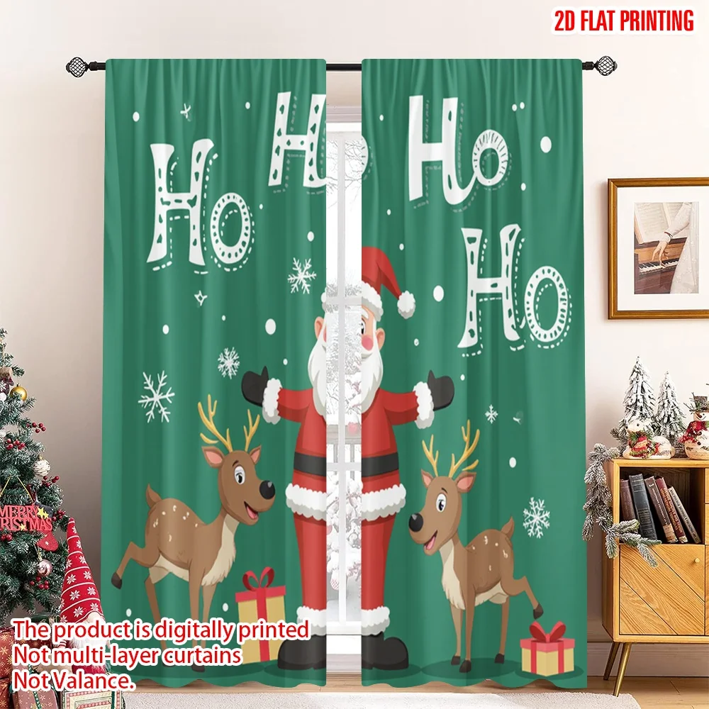 

2pcs 2D flat printing Christmas Party Curtain Santa Reindeer Ho Ho Ho 100% Polyester Fabric Without Electricity Birthday Party