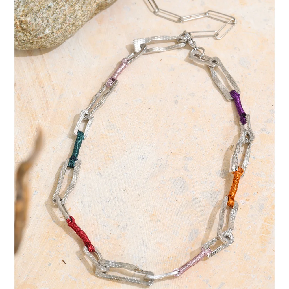 Yhpup Stainless Steel Colorful Polyester Rope Chain Handmade Necklace Stain Less Metal Distinctive Fashion Jewelry