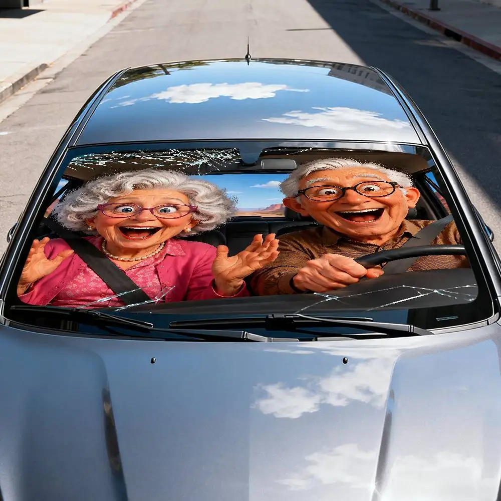 Cartoon Elderly Couple Driving Car SunShade Windshield Car Windscreen Cover Sun Shade Auto Visor Car Accessories