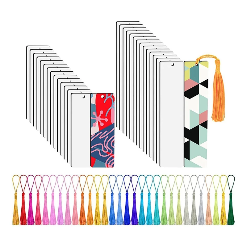 80 Pcs Sublimation Blank Bookmark Heat Transfer DIY Sublimation Bookmarks With Hole And 80 Pieces Colorful Tassels