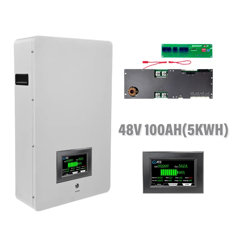 48V  Mount LiFePO4 Battery Metal Cabinet DIY Kit 5KWh Storage Box With 2A Active BMS LCD Screen For Home Solar Off-Grid System