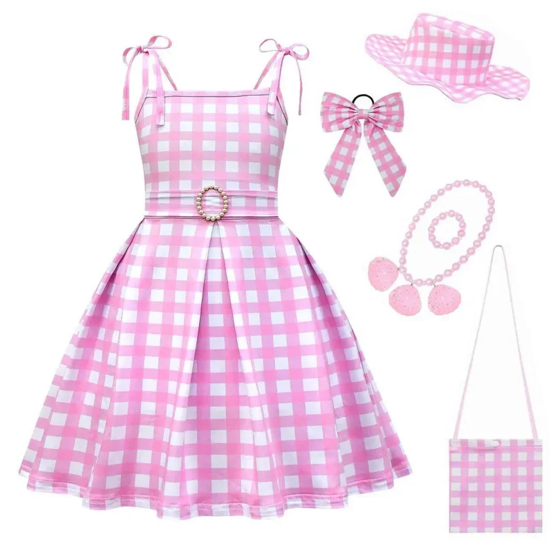 2024 Movie Barbi Pink Dress for Girls Costume Cosplay Kids Halloween Carnival Party Clothes 2-12T