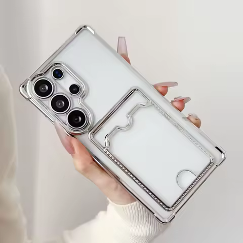 Soft Transparent Plating Card Holder Bag Phone Case For Samsung Galaxy S25 S24 S23 S22 S21 S20 FE Note 20 Ultra Shockproof Cover
