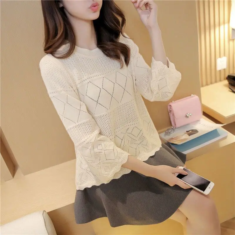 Women Autumn Korean Loose Fashion Hollow Out Solid Color O-neck 3/4 Sleeve Knitwear Ladies All-match Knitting Bottoming Shirt