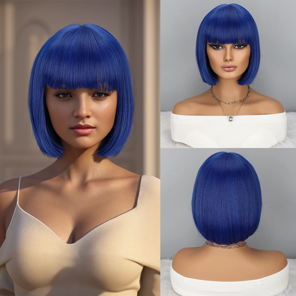 Perruque synthétique courte Bob avec frange pour femme, perruque bleue pour fête, longueur initiée, utilisation 03