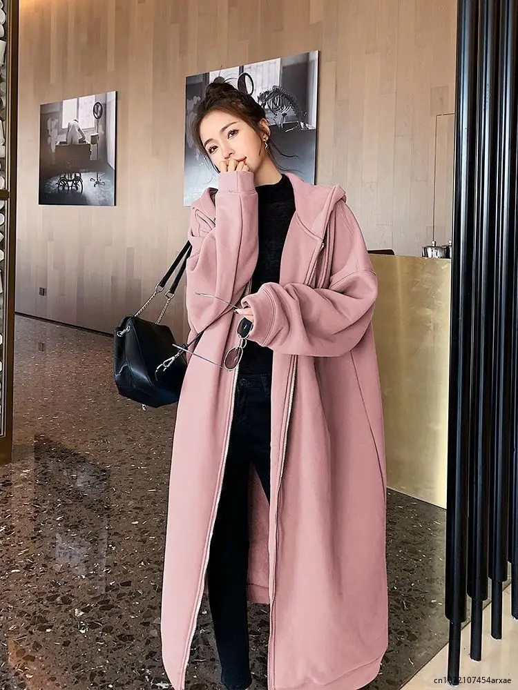 

2023 Autumn Winter Women Long Trench Coat Office Lady Casual Zipper Outwear Long Sleeve Jackets Hooded Maxi Dress