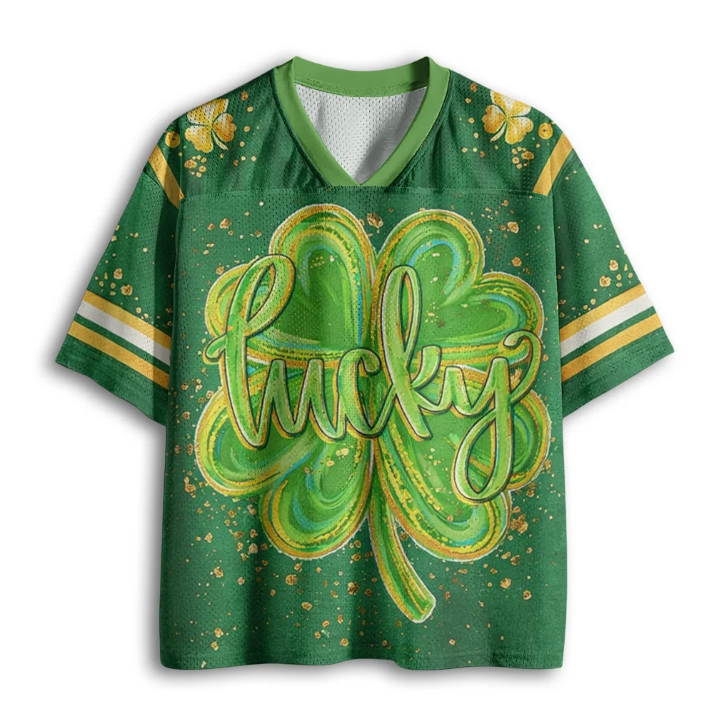 Lucky Clover Graphic Mesh Football Jersey Men St Patrick Letter Print V Neck Short Sleeve Oversized Tops