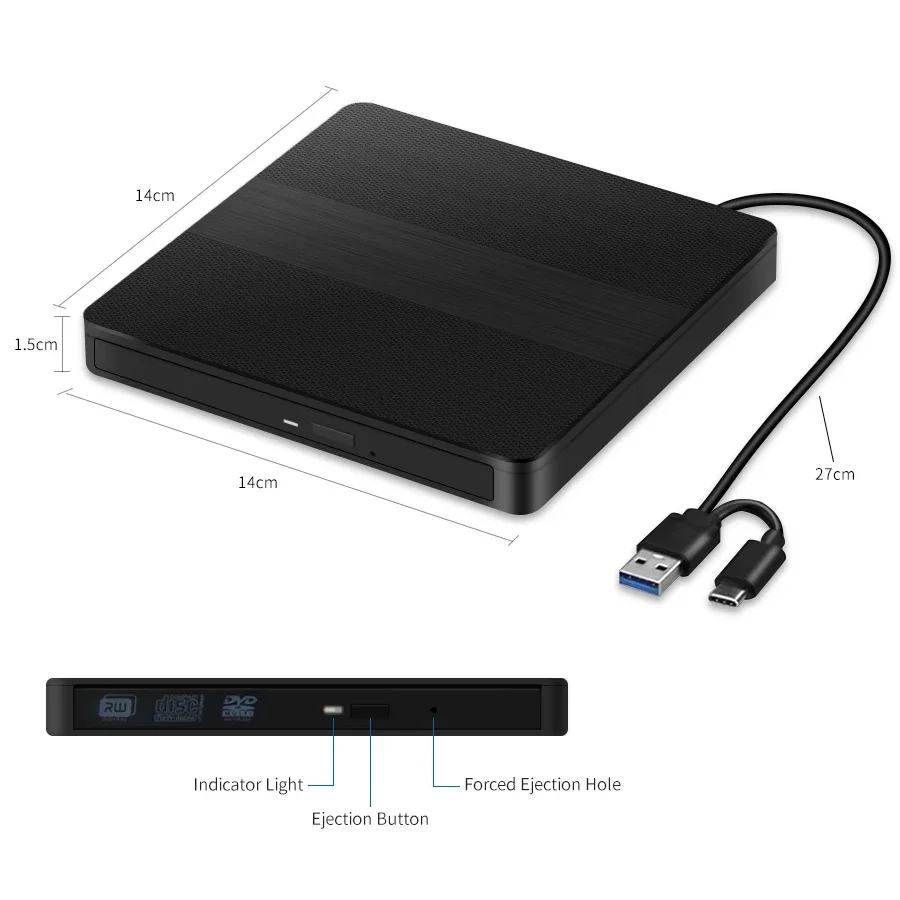 USB 외장형 CD DVD 리더기 CD/DVD 드라이브 유형-C USB3.0 외장형 디스크 드라이브 CD-ROM DVD-ROM 광학식 Macbook 노트북 데스크탑 PC용