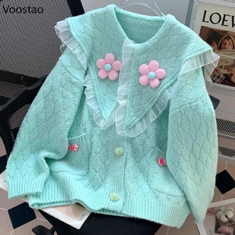 Autumn Winter Sweet Lolita Style Knitted Cardigan Women Elegant Flower Sweater Y2k Tops Female Kawaii Warm Loose Knitwear Jacket