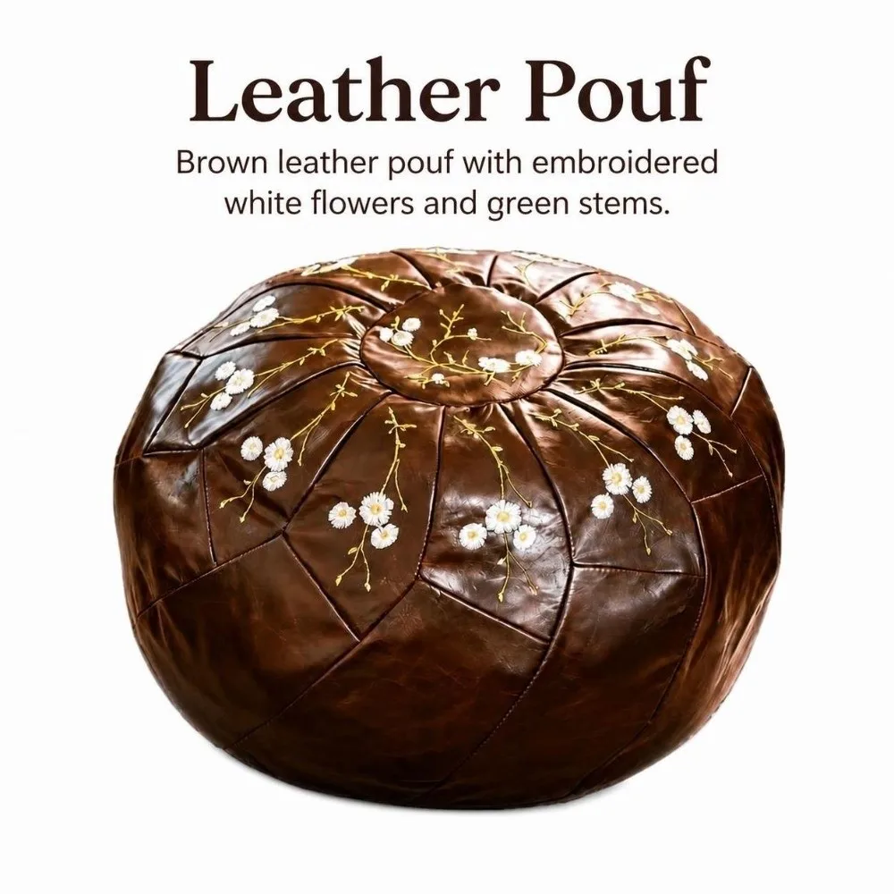 New Unstuffed Pouf Ottoman Fillable Large Opening Round Pouf Cover Daisy Embroidery PU Leather Footstool Cover for Living Room