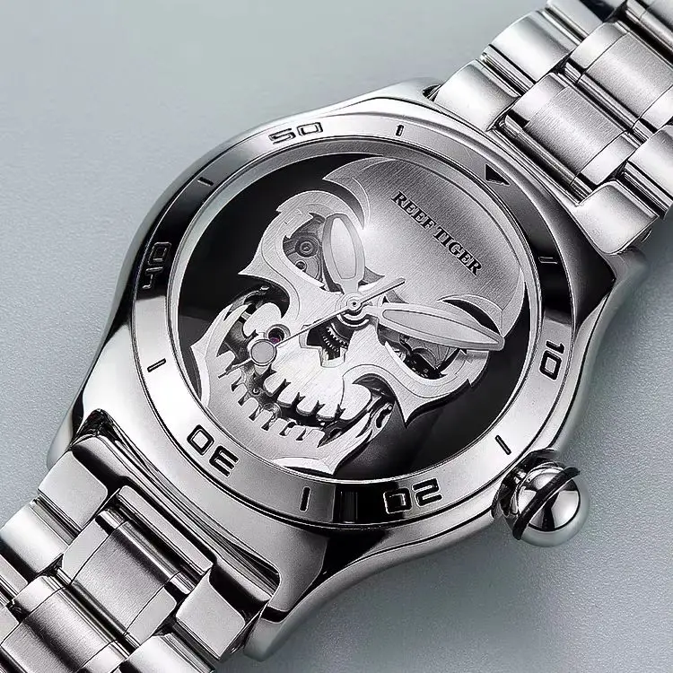 Reef Tiger Men Automatic Watch 44mm Mechanical Wristwatch Sapphire Mirror Luminous Skeleton Skull Dial Miyota Mov