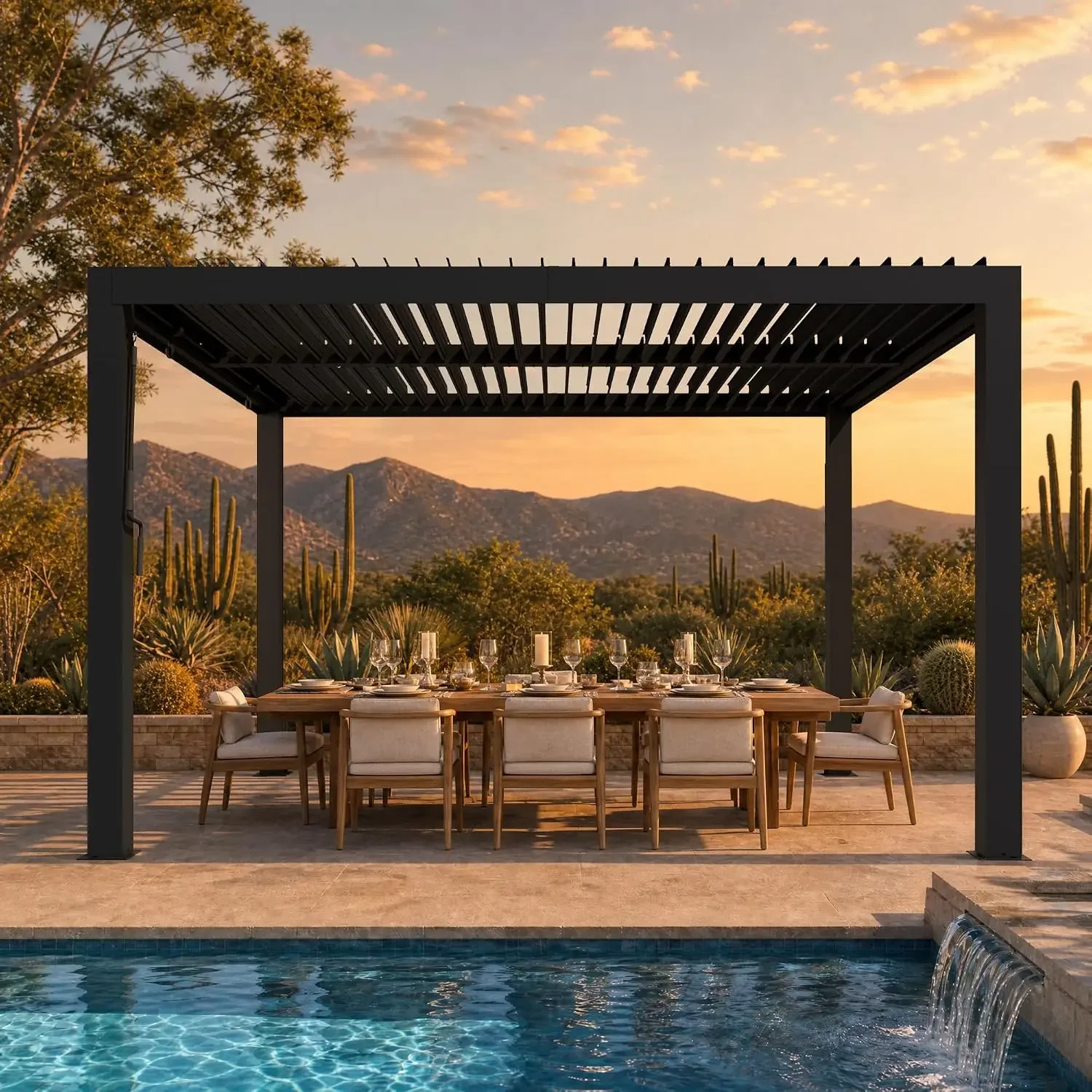 Modern Shade Louvered Pergola 10'x12' with USB Charging Port Deck, Outdoor Pergola with Adjustable Waterproof Roof & Integrated