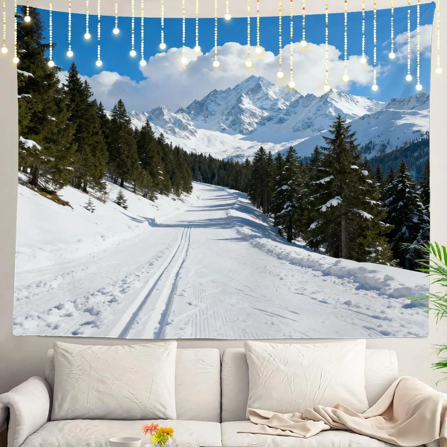 Snowy Alpine Mountain Landscape Tapestry Wall Decor Nordic Forest View Large Winter Tapestry Hanging Boho Art Print
