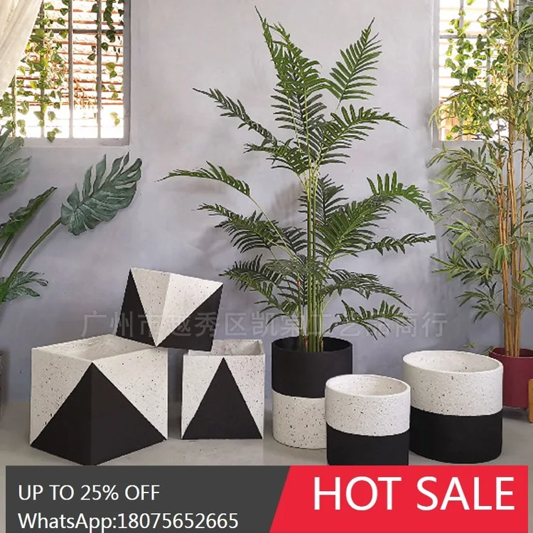 MJY Sandblasted Fiberglass Floor Round Flower Pot Soft Decoration Engineering Green Plant Ornament