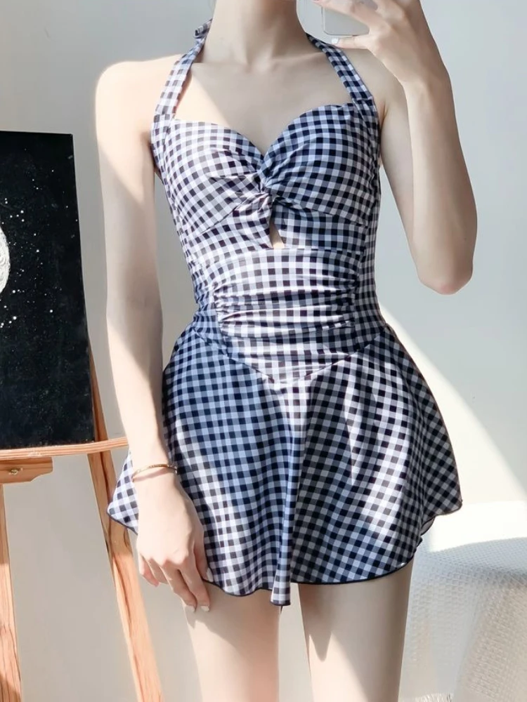 2026 New Backless Women Swimsuit Sexy Grid Print Skirted Bathing Suit Modest Tummy Control Beachwear Tie Side One Piece