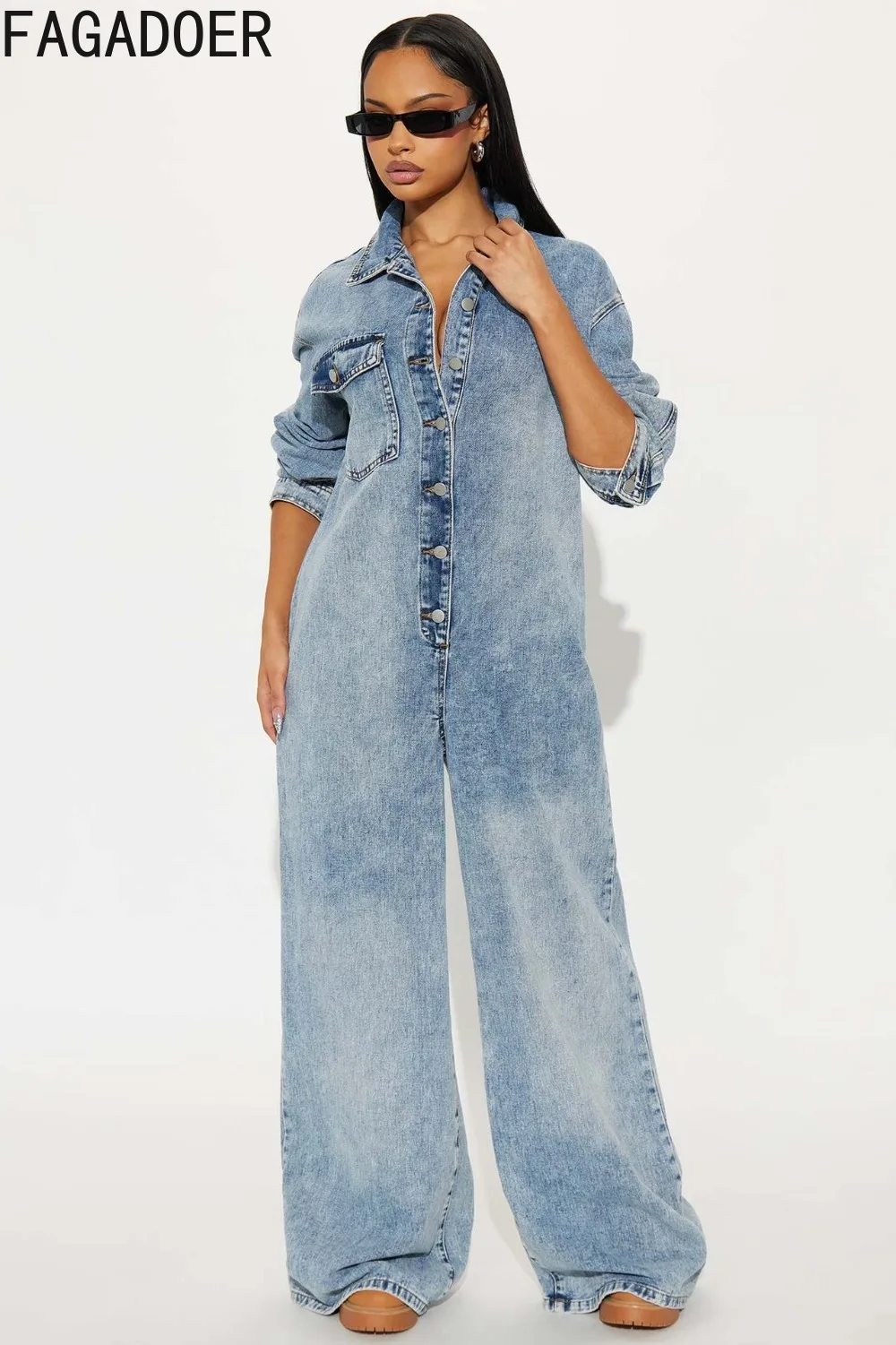 FAGADOER Fashion Blue Denim Jumpsuits for Women Solid Color Single Breasted Long Sleeves Rompers Female Streetwear Overalls New
