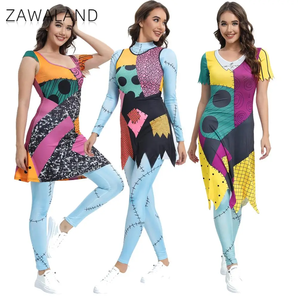 Zawaland Anime Film Sally Cosplay Kostüm Halloween Party Dress Up Weihnachten Scary Frauen Sexy Overall Zentai Bodysuit Leggings