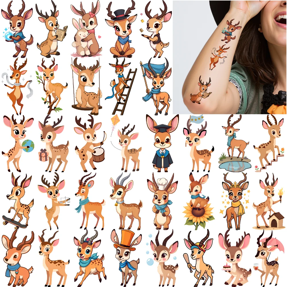 

54pcs Temporary Tattoo Cartoon Animals Temporary Tattoo Stickers Deer Characters Waterproof Long-lasting Body Stickers For Arms