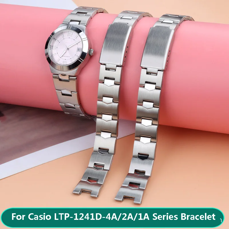 Watch Strap For Casio Women's Student Watch Band LTP-1241D-4A/2A/1A Stainless Steel Chain Notch 14mm Bracelet