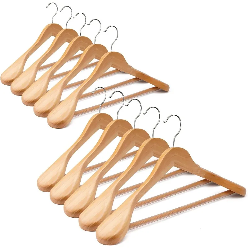 

Suit Hangers 10 Pack Wooden Hangers,Heavy Duty Coat Hangers,Wide Shoulder Hangers with Non Slip Pants Holder
