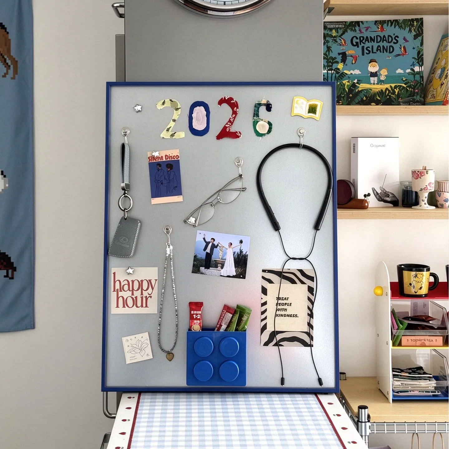 Blue Frame Stainless Steel Magnetic Board Wall Mount Photo Display Magnet Bulletin Board Memo Picture Collage Board Aesthetic Ro