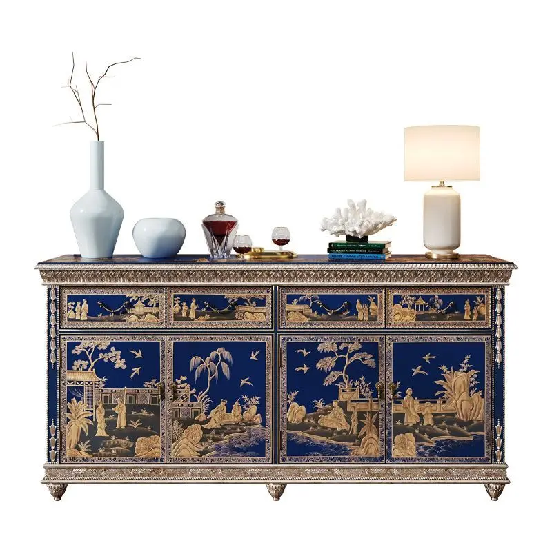 

French court painted porch cabinet household living room decorative locker Chinese high-end art with drawers dining side cabinet